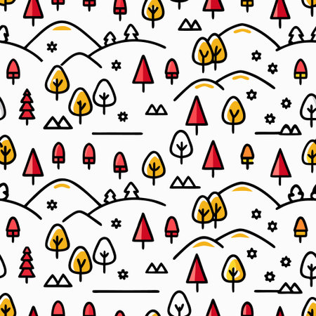 Simple, repeating pattern of stylized hills and treesのイラスト素材