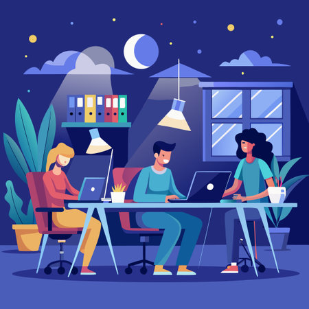 Night office scene with three people working at computersのイラスト素材