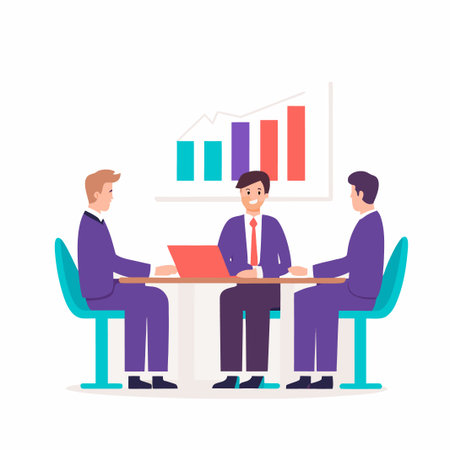 Meeting Three people seated at table, chart showing upward trendsのイラスト素材