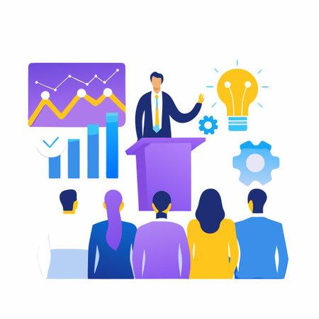 Speaker addresses audience; charts, lightbulb, gears symbolize ideas, innovation, progressのイラスト素材