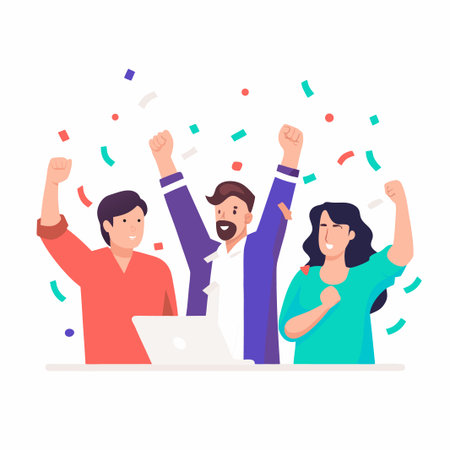 Three people celebrating with arms raised, confetti falling around them, laptop in front