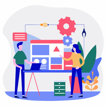 Two people collaborate using a screen with gears, plants in the backgroundのイラスト素材