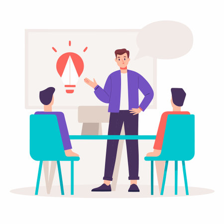 A man giving a presentation to two colleagues.  He's standing, gesturing, and wearing a purple jacket.  The presentation is in front of a whiteboard with a lightbulb icon.  Attendees are seated.  Simple, cartoon-style illustrationのイラスト素材