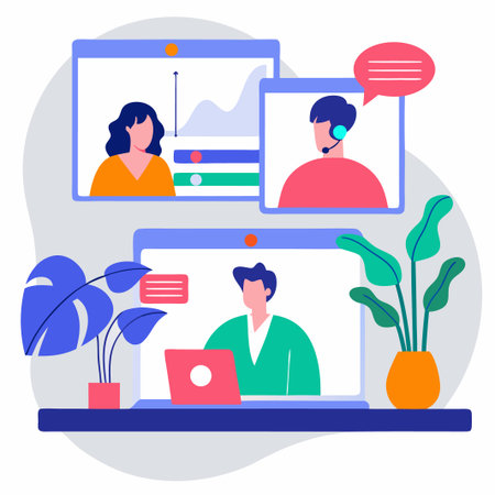 Virtual meeting screen display on laptop. Plants decorate a workspaceのイラスト素材