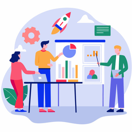 Flat illustration of three people presenting data.  Two people are pointing at charts on a...