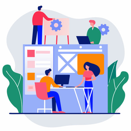 Team collaborates on website design and project development in an officeのイラスト素材