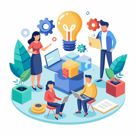 Team develops idea with a lightbulb, gears, laptops, boxes, and plant backgroundのイラスト素材