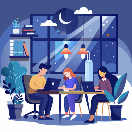 People work late night, laptops, desk, office, stars, plants, books, workspaceのイラスト素材