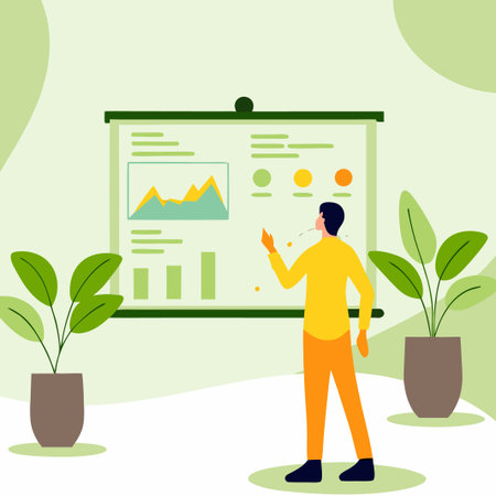 A person in a yellow shirt stands before a presentation screen with graphs and charts, a business sceneのイラスト素材
