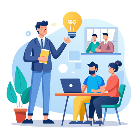 Business presentation Man presenting idea with a team, lightbulb illustration, indoorのイラスト素材