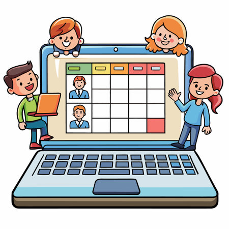 Cartoon people gather around an open laptop with a calendar or schedule app onscreenのイラスト素材