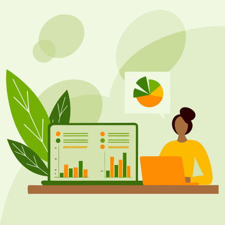Person with laptop analyzing data charts. Green plants background, calm tonesのイラスト素材