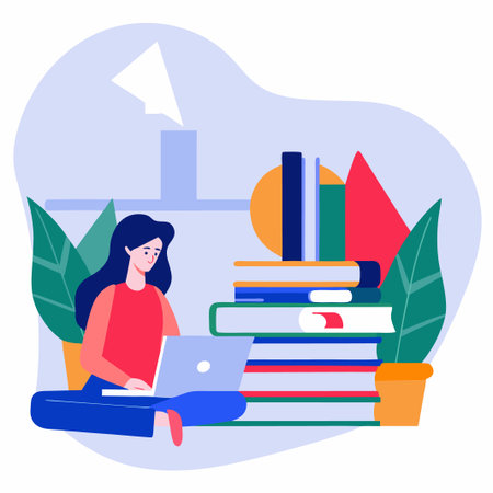 Girl studies using laptop with stack of books and plants. Paper airplane flyingのイラスト素材