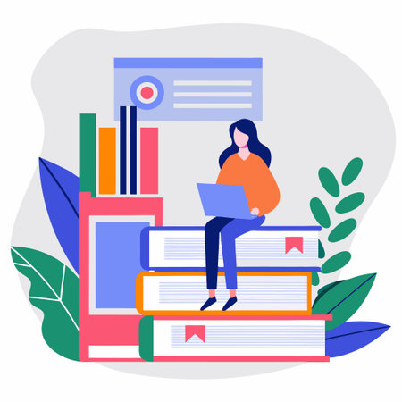 Woman works on a laptop while sitting on a stack of books, surrounded by leavesのイラスト素材