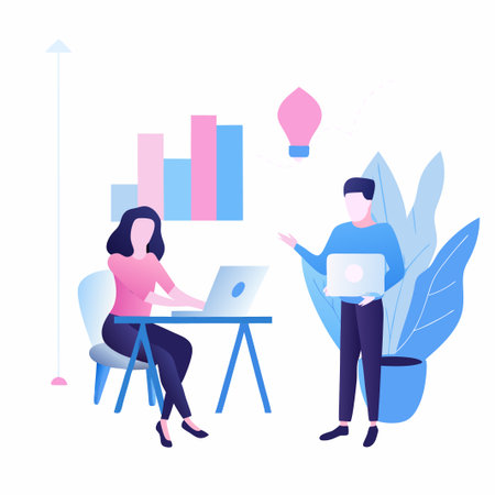 Two people collaborating in a modern office setting, illustrated with graphic elementsのイラスト素材