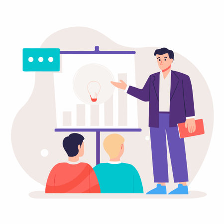 Man presents to colleagues with charts, lightbulb, business meeting settingのイラスト素材