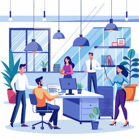 Illustration of an office workspace with diverse colleagues in a modern settingのイラスト素材