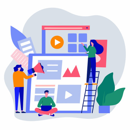 Team collaboration using digital tools, with modern flat design and vibrant colors