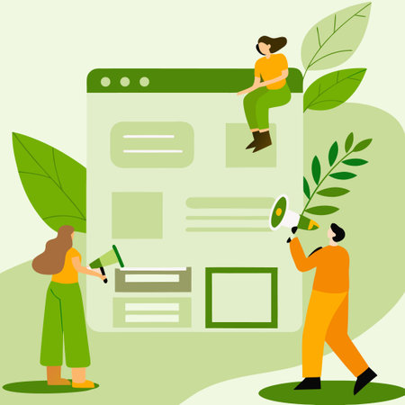 People around website with megaphone, leaves, promoting content in shades of greenのイラスト素材