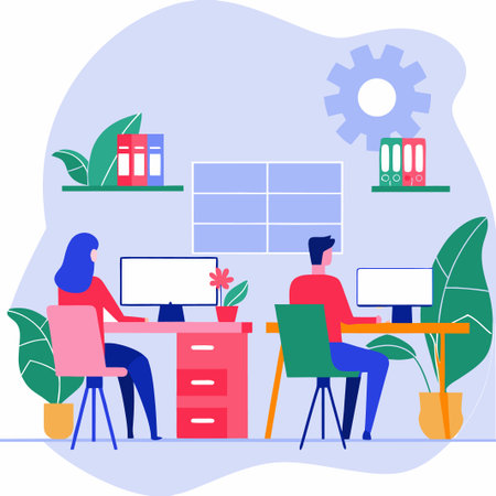 Two people working at desks, facing monitors in an office illustrationのイラスト素材