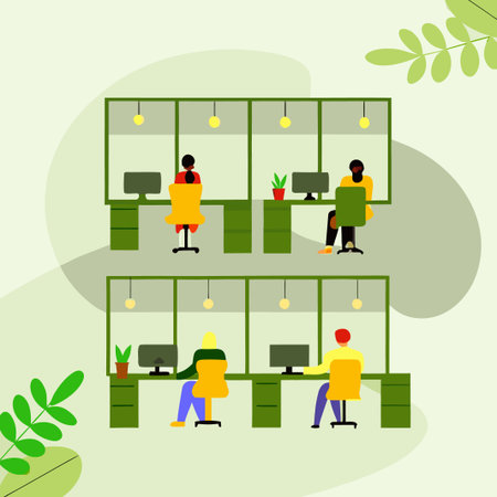 Office with employees working on computers. Desks with screens, chairs and dividersのイラスト素材