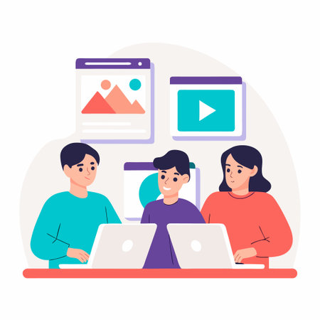 Three people work on laptops with image and video content icons floating aboveのイラスト素材