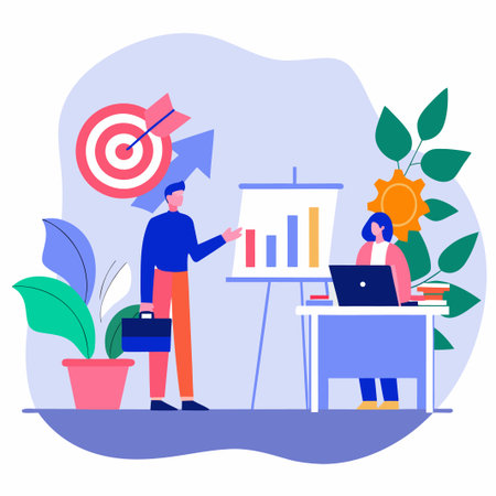Business team presentation growth chart, target hit, office scene, and company successのイラスト素材