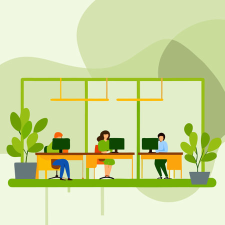 Office team in a green modern workspace, illustration. Minimalist, vector, inclusiveのイラスト素材