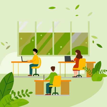 Office scene Workers at desks, laptops, green decor, large windows, light greenのイラスト素材
