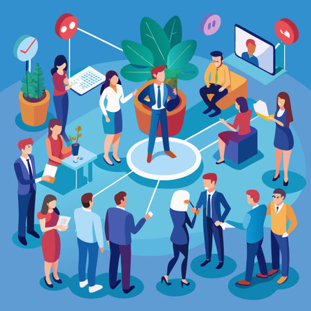 Group Isometric illustration of people connected by lines in a blue settingのイラスト素材