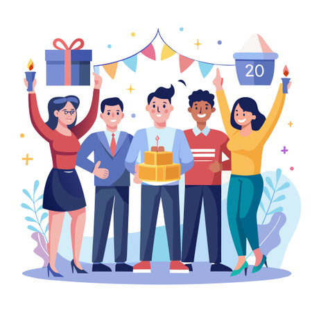 Birthday Celebration Group of people celebrating a milestone, holding gifts and cakeのイラスト素材