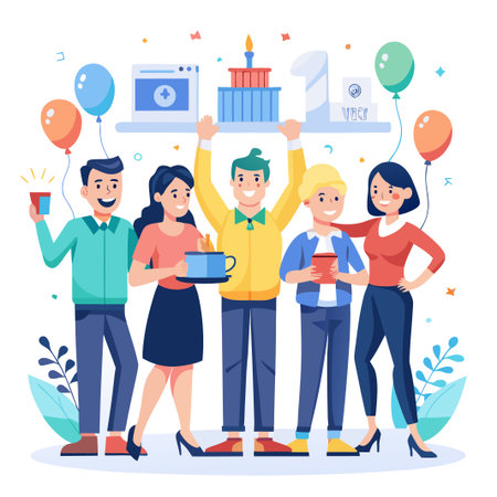 Cheerful cartoon group celebrates a milestone with cake, balloons, drinks, and decorationsのイラスト素材