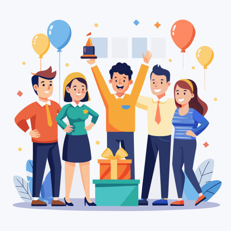 Cheering team celebrates success with trophy, gift, and balloons. Vector illustrationのイラスト素材