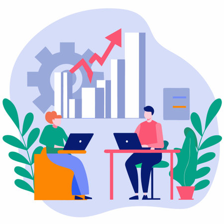 People working, growth chart, laptops, and plants. Illustration of teamwork at workのイラスト素材