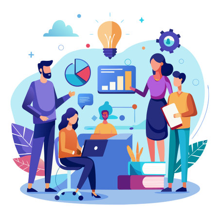Creative team brainstorming and sharing ideas, data analysis, and innovationのイラスト素材