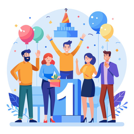 Celebrating team victory with confetti and balloons.  Group of diverse people stand on a podium, celebrating first place.  Joyful expression, holding gifts, arms raised.  Colorful balloons and confettiのイラスト素材