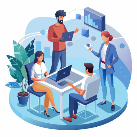 People collaborating on a project in a modern, bright workspace. Vector illustrationのイラスト素材