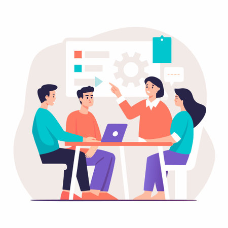 Team meeting around table, presenter points at diagram, laptop visibleのイラスト素材