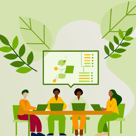 Team meeting with green concepts, diagrams, laptops, and diverse group of peopleのイラスト素材