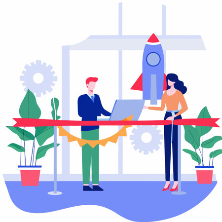 Launching a new project. Man and woman with laptop stand near a rocket modelのイラスト素材