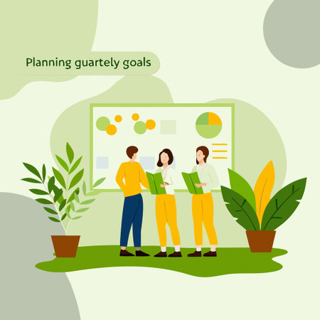 Office team collaborating, reviewing plans on board, surrounded by plants in a bright roomのイラスト素材