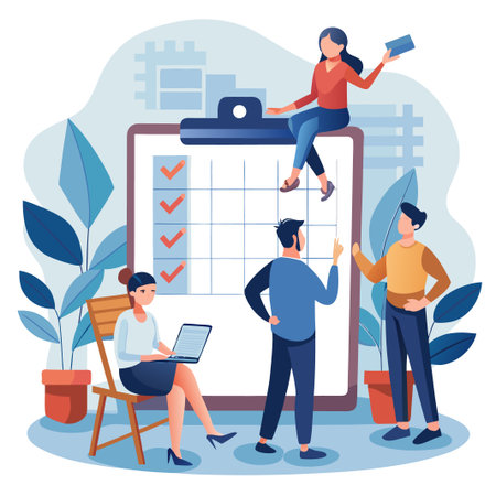 Team working together on project management, tasks, and planning in an office environmentのイラスト素材