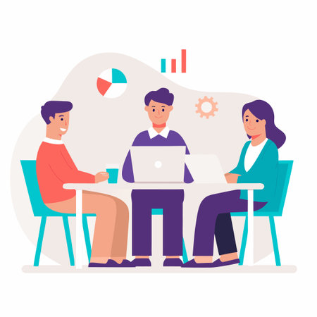 Team collaborating at a table with data graphics in the background. Illustrationのイラスト素材