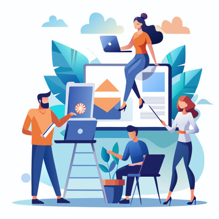 People work together, with laptops, phones and tablets to plan in front of large screenのイラスト素材