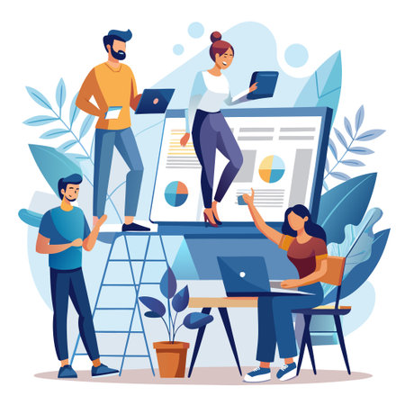 Teamwork illustration with people, laptop, ladder, charts and abstract foliageのイラスト素材
