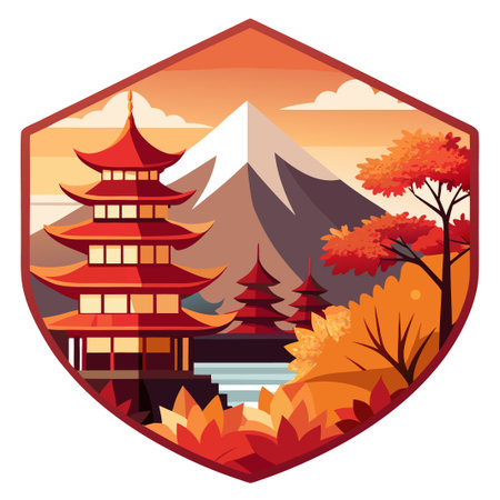 Scenic Japanese landscape with temple and mountain viewのイラスト素材