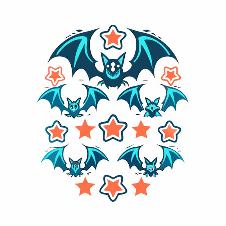 Bats &amp; stars, teal and orange, forming a circular designのイラスト素材