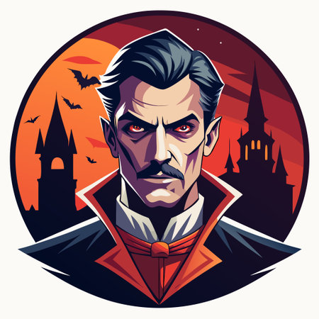 Cartoonish vampire with castle at dusk, spooky themeのイラスト素材