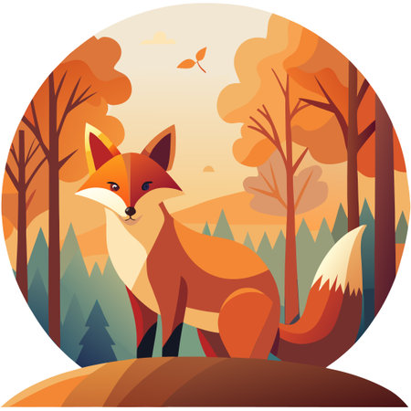 Geometric fox in autumn forest, warm colors, cute artのイラスト素材