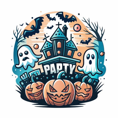 Halloween party with haunted house, pumpkins, ghosts, and batsのイラスト素材
